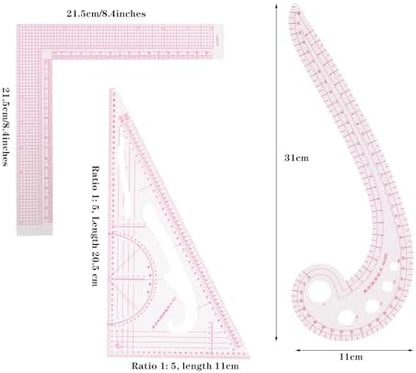 Acrylic Sewing Ruler Set，French Curve Pattern Rulers Kit for Tailors Designers Precision Pattern Making Guides Quilting and DIY Supplies (Ruler Set 1-3Pcs)