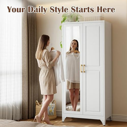 SteeLoong 71”Armoire Wardrobe Close,White Wardrobe Cabinet with Mirror Door