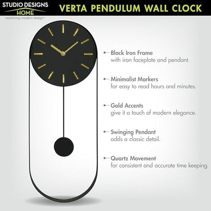VERTA Modern Pendulum Wall Clock, Minimalist Black Iron Wall Clock with Gold Accents, Quartz Movement, Swinging Pendulum, 21.75″ Tall