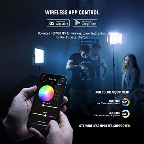 NEEWER RGB1200 RGB LED Video Light Panel with APP/2.4G Control, 60W Studio Photography Lighting 22000Lux@0.5m/1% Precise Min Dimming/360° Full Color/ CRI97+/TLCI98+/2500K-8500K/18 Effect with Barndoor