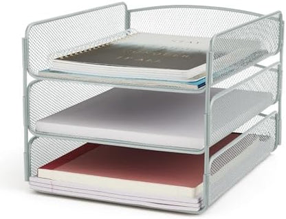 Safco Onyx Desktop Organizer, 3-Tier Paper Tray, Durable Steel Mesh Construction,Silver