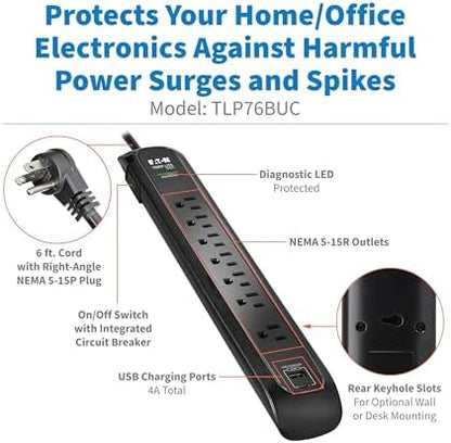 Eaton Tripp Lite Series TLP76BUC Surge Protector Power Strip with Flat Plug & USB Ports, 7 Outlets, 1500 Joules, 6ft Power Cable, Black, Manufacturer's Liftime Warranty & $25,000 Insurance