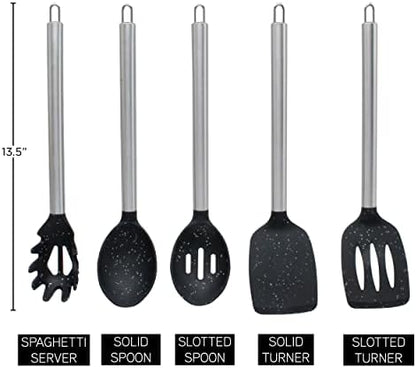 COOK WITH COLOR Silicone Cooking Utensils, Kitchen Utensil Set, Easy to Clean Silicone Kitchen Utensils, Cooking Utensils for Nonstick Cookware, Kitchen Gadgets Set, 5 Pieces, Speckled Black