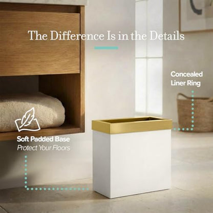 Gatco Modern Rectangle Wastebasket, Matte Pearl and Brushed Brass Combo - Stainless Steel Trash Can with Removable Lid, Leakproof, 3 Gallon Capacity for Bathroom, Bedroom, Kitchen, or Office