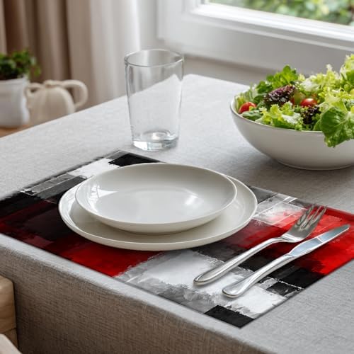 Batmerry Abstract Art Colorful Painting Linen Placemats Set of 4, Modern Art Black and Red Washable Table Mats for Kitchen Table Thickened Heat Insulation Dining Set Indoor Outdoor 12X18 in