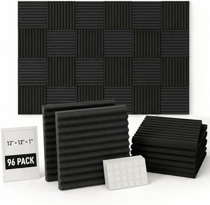 96 Pack Allxinlog Absorb the echo Acoustic Foam Panel Wedge Studio Soundproofing Wall Tiles 12" X 12" X 1"(Accompanied By Double-Sided Adhesive Tape) (96-BLACK)