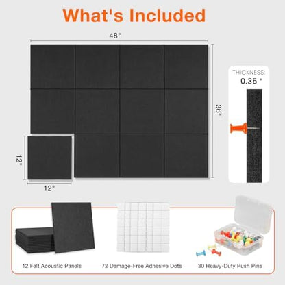 Large Cork Boards for Walls 48" x 36",12 Pack Bulletin Boards Alternative Cork Board for Office,Black Felt Wall Tiles, Contains Removable Security Stickers and PushPins