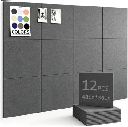 48" x 36" Cork Board Alternative, 12 Pack Felt Bulletin Board Tiles with 30 Adhesive Tabs Wall Push Pin Board for Office Classroom Bedroom Decor