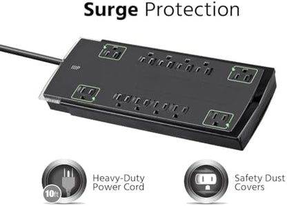 Monoprice 12 Outlet Slim Surge Protector - UL Rated, 4,230 Joules, Grounded and Protected Light Indicator, 10 Feet, Black (Pack of 2)