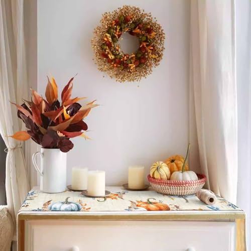 Fall Pumpkin Table Runner Dresser Scarf 13 x 108 Inch Blue Orange Maple Leaf Rustic Table Runners Non-Slip Heat Resistant Kitchen Dining Table Decor for Autumn Thanksgiving Holidays Indoor Outdoor