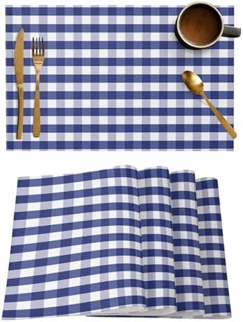 Rustic Navy Blue White Buffalo Check Plaid Pattern Placemats Set of 4, Farmhouse Heat Resistant Washable Table Place Mats Cotton Table Linens Party Holiday Decor for Kitchen Dining Outdoor Indoor
