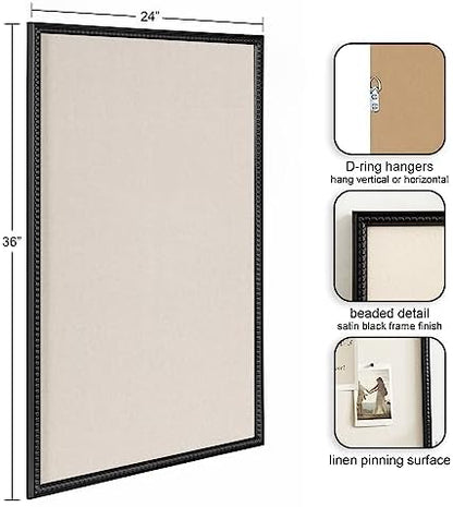 Kate and Laurel Makenna Framed Linen Fabric Pinboard; 24 x 36; Black; Traditional Beaded Bulletin Board for Vintage Home Wall Organization or Aspirational Vision Board