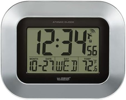 La Crosse Technology WT-8005U-S Atomic Digital Wall Clock with Indoor Temperature, Silver