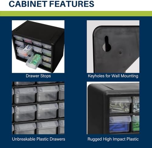 Akro-Mils 16-Drawer Plastic Cabinet for Garage Organization, Beads, Makeup Organizer, Building Bricks Storage, Teacher Toolbox, 10-1/2" W x 6-1/2" D x 8-1/2" H, 10716 Black (Pack of 4)
