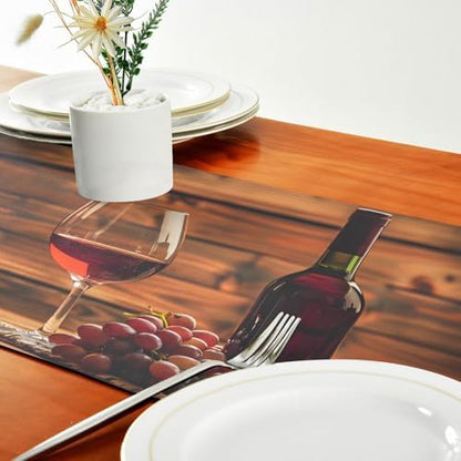 ALAZA Double-Sided Red Wine Glass and Grape in Basket in Wooden Table Runner 14x108 Inches Long,Table Cloth Runner for Wedding Birthday Party Kitchen Dining Home Everyday Decor