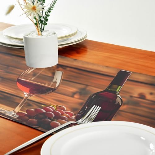 ALAZA Double-Sided Red Wine Glass and Grape in Basket in Wooden Table Runner 18x72 Inches Long,Table Cloth Runner for Wedding Birthday Party Kitchen Dining Home Everyday Decor