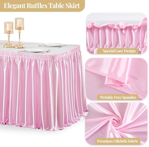 Wish Care 14ft Pink Satin Table Skirt for Rectangle Tables Wrinkle Free Teacher Desk Skirt Glitter Ruffle Table Skirting Cloth for Back to School Classroom Office Dorm Girls Birthday Party Table Decor