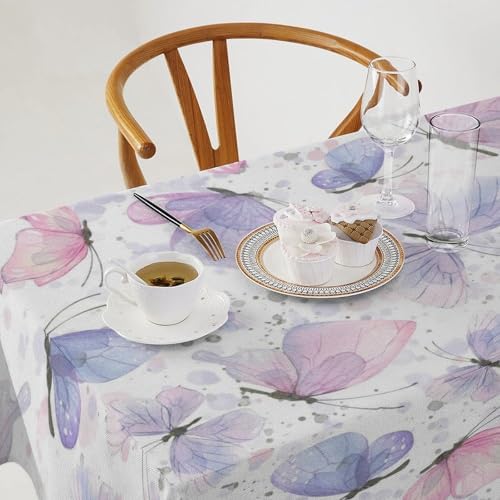 Purple Butterfly Tablecloth, Watercolor Pink Butterfly Abstract Cartoon Print Table Cloth for Farmhouse Kitchen Dinning Room Picnic Parties Home Decor 55x55in