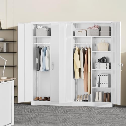 Greenvelly Metal Storage Cabinet with 2 Doors, White 72” Steel Storage Wardrobe Cabinet, Employees Locker Closet Clothing Coat Steel Wardrobe Cabinet with Hanging Rod for Garage, Gym, Home Office