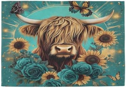 ALAZA Highland Cow Butterfly Rose 1 PC Placemats Rectangle Table Mat for Dining Table Restaurant Kitchen Home Decor, 12" x 18"
