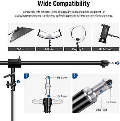 NEEWER Air Cushioned Aluminum Light Stand, 9.8ft/3m Adjustable Photography Stand with Boom Arm, Counterweight, Sandbag, 1/4" Screw for Softbox, Studio Flash, Umbrella, Ring Light, Max Load 5kg