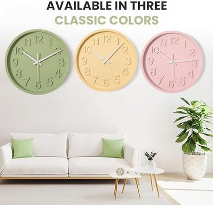 Clockswise 12-Inch Modern Minimalist Round Plastic Wall Clock Green Dial with Bold Arabic Numerals Analog Display Step Movement Easy-to-Read Timepiece for Living Room Kitchen Office Bedroom Wall Decor