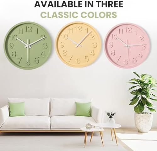 Clockswise 12-Inch Modern Minimalist Round Plastic Wall Clock Pink Dial with Bold Arabic Numerals Analog Display Step Movement Easy-to-Read Timepiece for Living Room Kitchen Office Bedroom Wall Decor