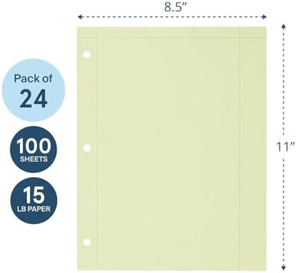 Roaring Spring Graph Ruled Engineering Pad, Engineering Graph Paper Pad, 24 Pack, 5x5 Grid to Edge, 8.5" x 11", 100 Sheets, 3 Hole Punched, Green Tinted Sheets, Made in USA