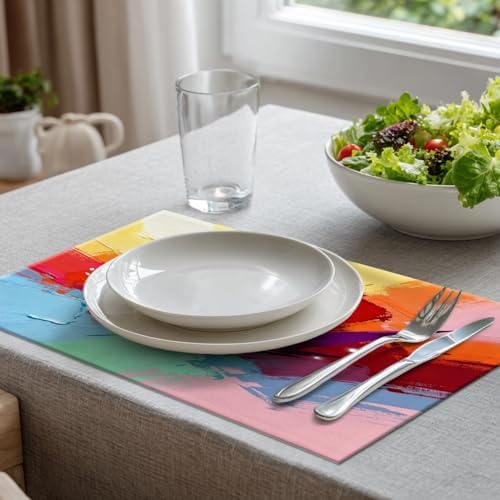 Batmerry Yellow Abstract Oil Painting Linen Placemats Set of 6, Red Contemporary Floral Washable Table Mats for Kitchen Table Thickened Heat Insulation Dining Set Indoor Outdoor 12X18 in
