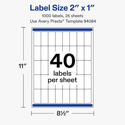 Avery® Matte White Rectangle Labels, 2" x 1", Sure Feed® Technology, Laser/Inkjet Printer Compatible, 1000 Printable Labels Total, Great for Branding, Packaging, and More