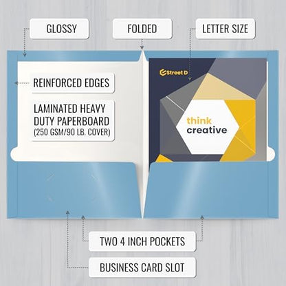 Better Office Products 2 Pocket Glossy Laminated Light Blue Paper Folders, Letter Size, Lt. Blue Paper Portfolios Box of 25 Light Blue Folders
