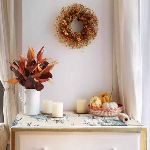 Fall Pumpkin Table Runner Dresser Scarf 13 x 72 Inch White Blue Leaves Rustic Table Runners Non-Slip Heat Resistant Kitchen Dining Table Decor for Autumn Thanksgiving Holidays Indoor Outdoor