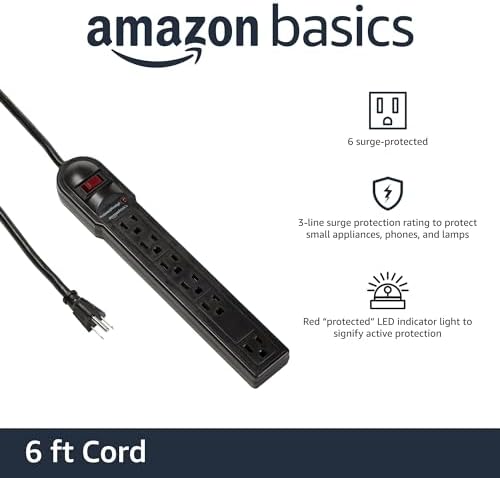 Amazon Basics Surge Protector Power Strip, 6-Outlet, 790 Joules, Circuit Breaker, LED Indicator Light, 6ft Extension Cord, Black (Pack of 2)