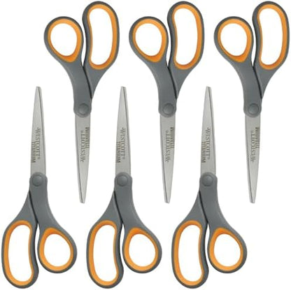 Westcott Titanium Bonded Scissors, Soft Handle, 8", Straight, Gray/Yellow, 6-Pack