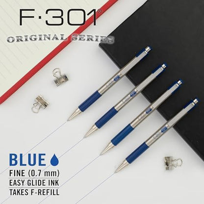 Zebra Pen F-301 STEEL Retractable Ballpoint Pen, Blue Ink, 0.7mm, 2-Pack