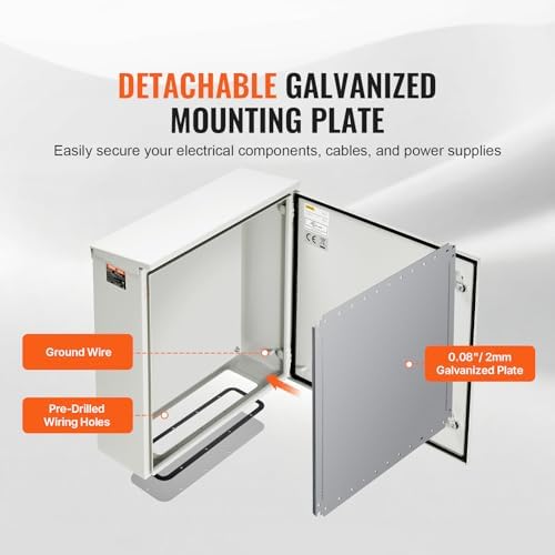VEVOR Electrical Enclosure, 24'' x 24'' x 8'', NEMA 4 Outdoor Enclosure, IP65 Waterproof & Dustproof Cold-Rolled Carbon Steel Hinged Junction Box for Outdoor Indoor Use, with Rain Hood