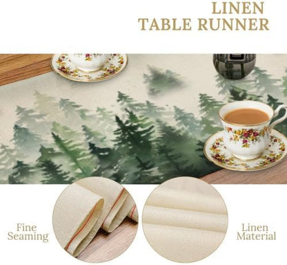Watercolor Green Pine Trees Table Runner, Forest Woodland Tabletop Scarf Home Kitchen Holiday Decor, Seasonal Farmhouse Rustic Dining Decorations Party Supply 13 X 108 Inch