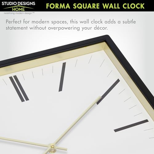 Forma Square Modern Wall Clock, 16" Minimalist Black Frame with Gold Trim, Quartz Movement, Glass Face, Contemporary Indoor Wall Décor