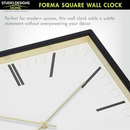 Forma Square Modern Wall Clock, 16" Minimalist Black Frame with Gold Trim, Quartz Movement, Glass Face, Contemporary Indoor Wall Décor