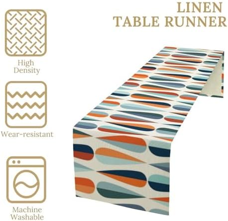 Mid Century Modern Table Runner Retro Blue Orange Grey Water Droplets Geometric Table Runner for Kitchen Dining Room Dining Table Decoration 13x70in