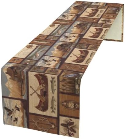 Retro Rustic Style Table Runner, Vintage Moose Deer Bear Leaf Tree Country Style Farmhouse Cottage Cabin Dinner Table Decoration for Home Kitchen Dining 13"x36"
