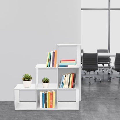3-Tier Stepped Bookshelf, 6 Cube Storage Organizer, Freestanding Ladder Bookcase, L-Shaped Corner Shelf, Room Divider Shelf, 35.4" Tall Modern Display Shelf for Home Office Living Room