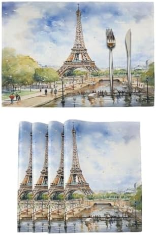 ALAZA Paris Eiffel Tower Tower Watercolor Set of 4 Placemats Rectangle Table Mat for Dining Table Restaurant Kitchen Home Decor, 12" x 18"