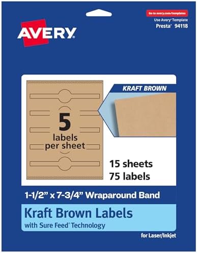 Avery® Kraft Brown Wraparound Band Labels, Sure Feed® Technology, 1.5" x 7.75", 75 Kraft Brown Labels, Print-to-the-Edge, Laser/Inkjet Printable Labels