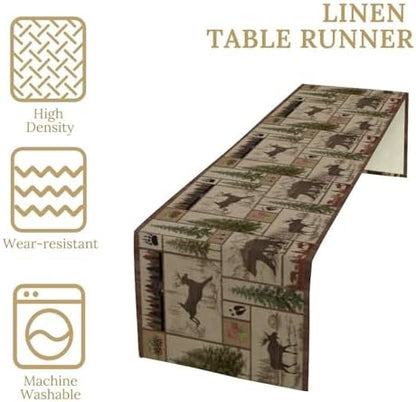 Rustic Bear Table Runner, Retro Vintage Bear Country Style Cabin Cottage Pine Tree Dinner Table Decoration for Home Kitchen Dining 13"x70"