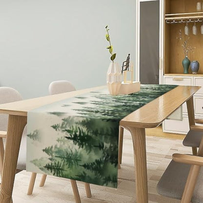 Watercolor Green Pine Trees Table Runner, Forest Woodland Tabletop Scarf Home Kitchen Holiday Decor, Seasonal Farmhouse Rustic Dining Decorations Party Supply 13 X 70 Inch