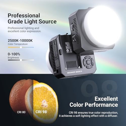 NEEWER Basics 28W Full RGB Pocket LED Video Light, Dimmable COB Studio Continuous Output Lighting for Photography Video Recording Vlog Streaming, 6000lux/0.5m 2500K–10000K CRI98 20 Scenes, HL28C