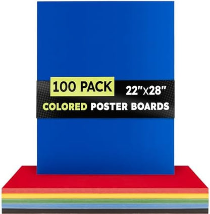 Hygloss Colored Poster Board 22 x 28, 100 Pack, Assorted Standard Colors