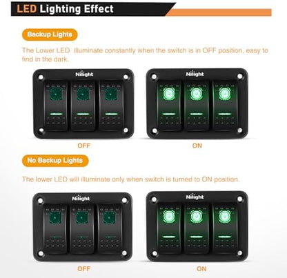 Nilight 3 Gang Rocker Switch Panel SPST On Off 5PIN Electrical Toggle Green