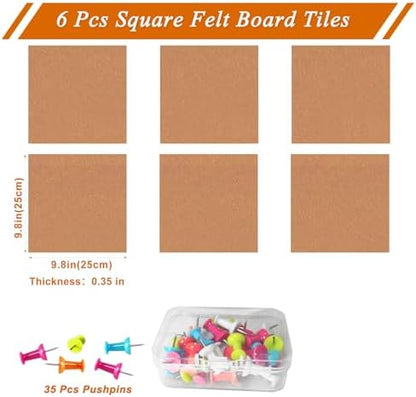 Square Felt Cork Bulletin Board Tiles, Self Adhesive DIY Felt Pin Board for Wall 30" x 20" with 35 Pushpins for Office School Home Wall Decor Stickers Memos Photos Display (Deep Camel)